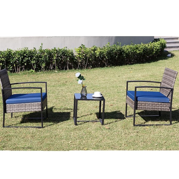 Unbranded 3-Piece Outdoor PE Wicker Patio Sofa Set with Blue Cushions-Modern Gray Rattan Sectional