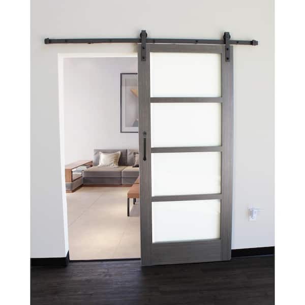 36 in. x 84 in. 4-Lite Driftwood Clear Coat Wood Interior Sliding Barn Door with Oil Rubbed Bronze Hardware
