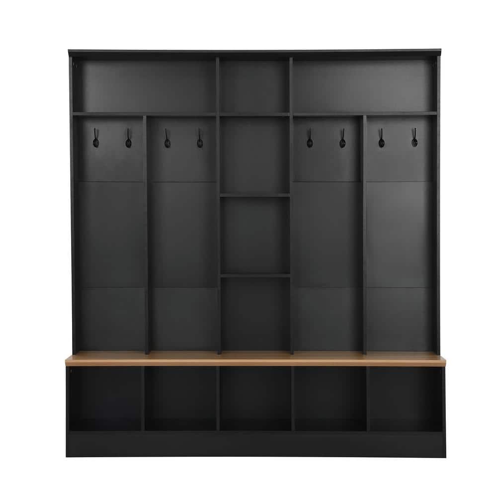 URTR Modern Black Hall Tree with Storage Bench, Shelves, Hooks Wide