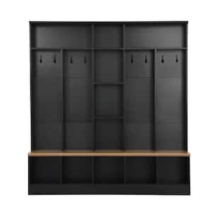 Modern Black Hall Tree with Storage Bench, Shelves, Hooks Wide Hall Tree Hallway Bench Functional 4 in 1 Coat Rack