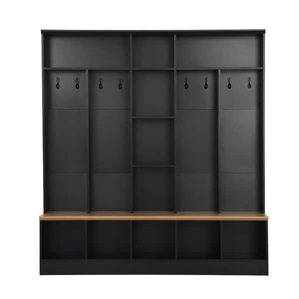 URTR Modern Black Hall Tree with Storage Bench, Shelves, Hooks Wide Hall Tree Hallway Bench Functional 4 in 1 Coat Rack