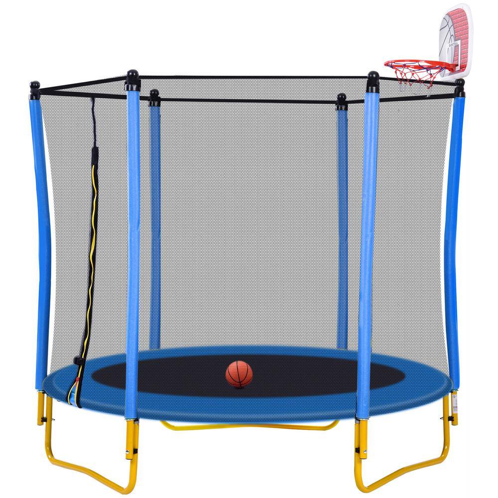 SUNRINX 5.5 ft. Blue Round Mini Toddler Trampoline with Safety Enclosure and Basketball Hoop