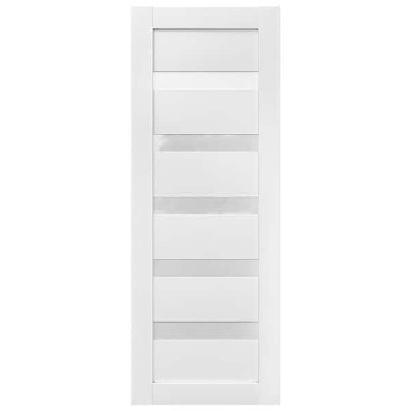 30 in. x 84 in. 6 Panel Solid Wood 5-Lite Frosted Glass Prefinished White Polycarbonate Interior Door Slab Iris