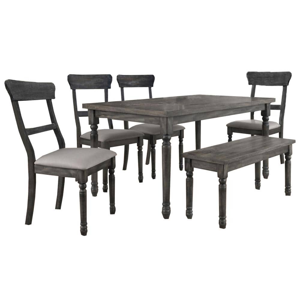 Demi Weathered Gray Wood 6-Piece Dining Set with Linen Upholstered Seats
