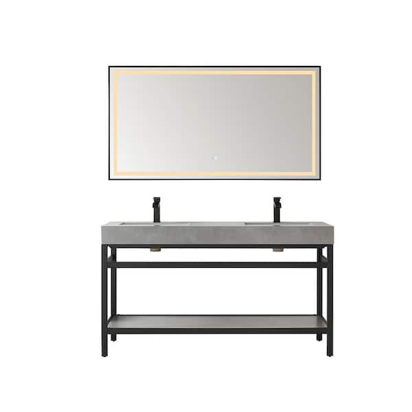 ROSWELL Funes 60 in. W x 22 in. D x 34 in. H Double Sink Bath Vanity in Matt Black with Grey Natural Stone Top and Mirror