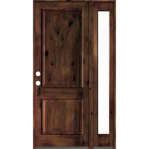 50 in. x 96 in. knotty alder Right-Hand/Inswing Clear Glass Red Mahogany Stain Square Top Wood Prehung Front Door w/RFSL