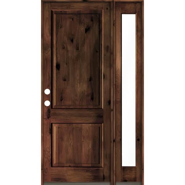 Krosswood Doors 56 in. x 96 in. knotty alder Right-Hand/Inswing Clear Glass Red Mahogany Stain Square Top Wood Prehung Front Door w/RFSL