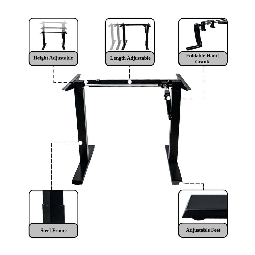 Black Adjustable Height Crank Desk with Metal Frame