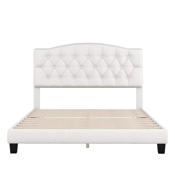 anpport Beige Wood Frame Queen Upholstered Platform Bed with Saddle Curved Headboard