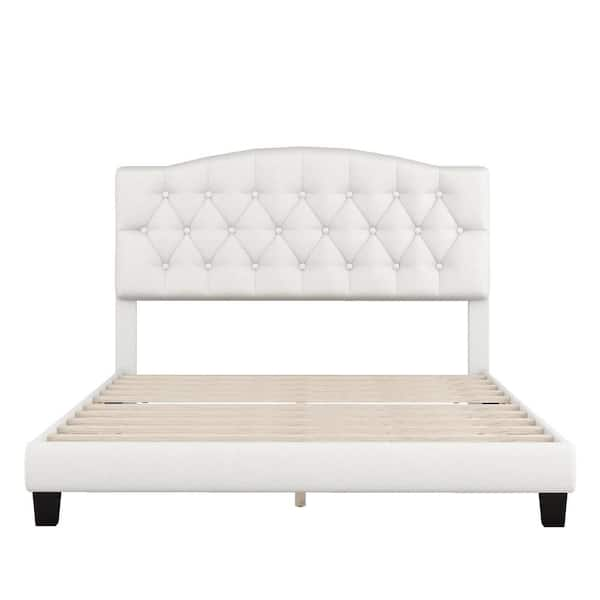 anpport Beige Wood Frame Queen Upholstered Platform Bed with Saddle ...