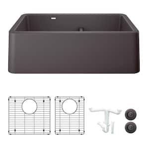 Ikon 33 in. Farmhouse/Apron-Front Double Bowl Cinder Granite Composite Kitchen Sink Kit with Accessories