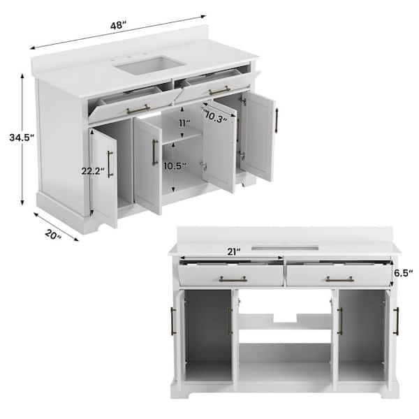 48 in. White Wood Single Sink Freestanding Bathroom Vanity with White Marble Top(Assembled)