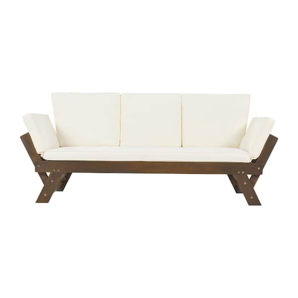 Anvil 3-Seat Wood Adjustable Outdoor Sofa Couch Patio Chaise Lounge Outdoor Loveseat Day Bed with Beige Cushions