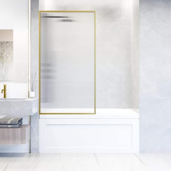 VIGO Meridian 34 in. W x 62 in. H Framed Fixed Tub Screen Door in Matte Brushed Gold with 3/8 in. (10mm) Fluted Glass