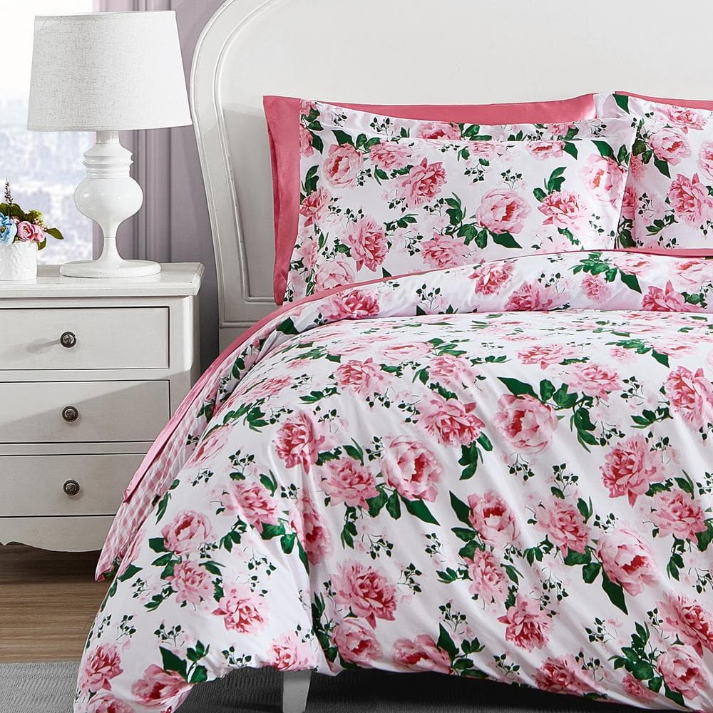 Twin Pink Cotton Floral Duvet Cover Set with Sham