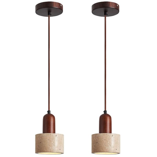 Home Lighting 60W 1-Light Walnut Solid Wood Modern Pendant Light with Nordic Natural Stone Shade for Kitchen, 2-Pack
