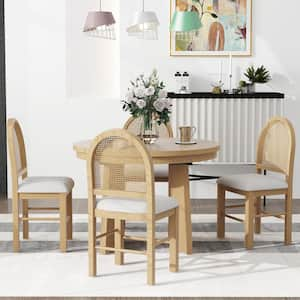 5 -Piece Round Natural MDF Top Extendable Dining Table Set with 4 Upholstered Chairs