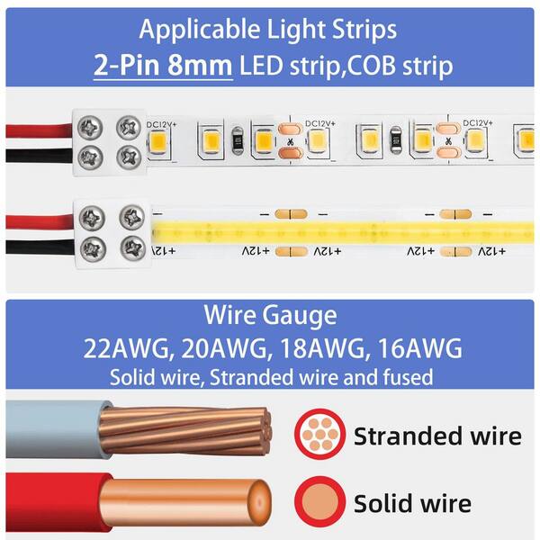 12 Pcs 2-Pin 8mm Solderless LED Strip Connectors – Transparent Strip-to-Strip Clips With Screw Lock, For COB/SMD Single Color Tape