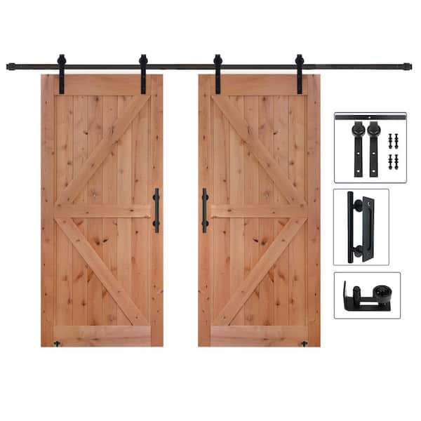 LUBANN 76 in. x 84 in. Assembled Bi-Parting Rustic Unfinished Hardwood Interior Sliding Barn Door Slab with Hardware Kit
