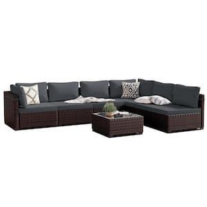 7-Piece Wicker Patio Conversation Seating Set with Dark Gray Cushions and Coffee Table