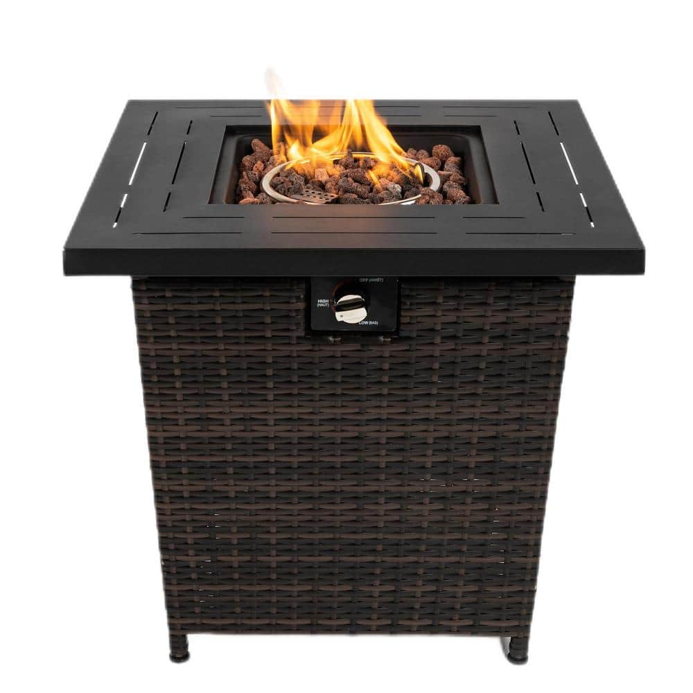 28'' Brown Wicker Propane Fire Pit Table with Steel Top