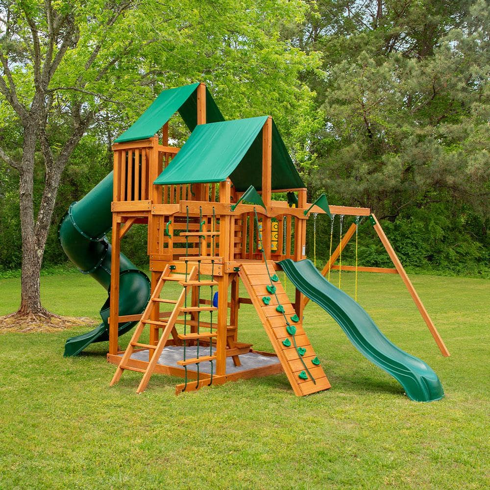 Gorilla Playsets Great Skye I Wooden Outdoor Playset with Green Vinyl  Canopy and 2 Wave Slides, and Backyard Swing Set Accessories 01-0030-AP-1 -  The 