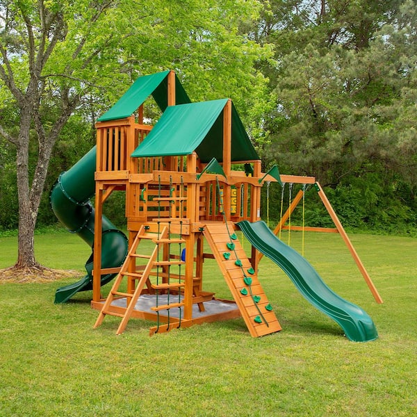 Gorilla Playsets Great Skye I Wooden Outdoor Playset with Green Vinyl Canopy and 2 Wave Slides, and Backyard Swing Set Accessories