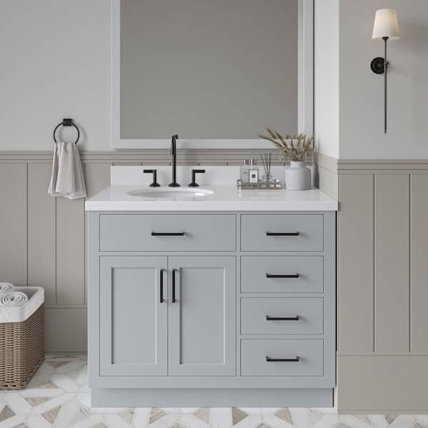 ARIEL Hepburn 43 in. W x 22 in. D x 36 in. H Bath Vanity in Grey with White Pure Quartz Vanity Top with White Basin