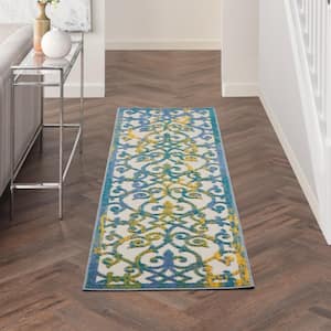 Aloha Ivory Blue 2 ft. x 8 ft. Kitchen Runner Floral Contemporary Indoor/Outdoor Patio Area Rug