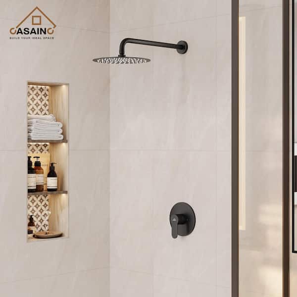 1-Spray Patterns with 1.8 GPM 10 in. Wall Mount Round Fixed Shower Head in Matte Black (Valve Included)
