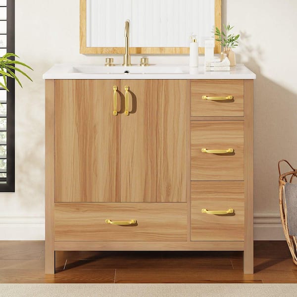 36 in. Freestanding Acacia Wood Bath Vanity with White Ceramic Top and 4 Drawers Bathroom Storage Cabinet Unassembled