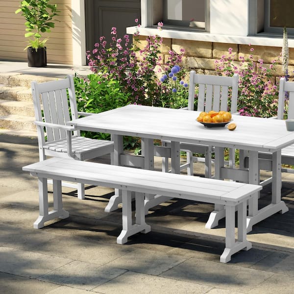 Hayes 65 in. Backless HDPE Plastic Trestle Outdoor Dining 2-Person Patio Garden Bench in White