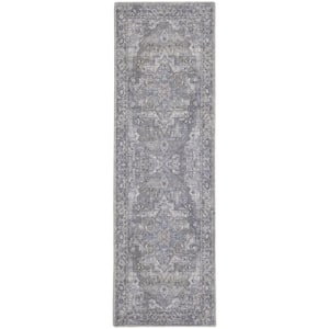 57 Grand Machine Washable Grey 2 ft. x 10 ft. Floral Traditional Kitchen Runner Area Rug