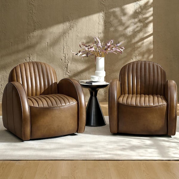 JAYDEN CREATION Briana Camel Genuine Leather Accent Chair with Swivel (Set of 2)