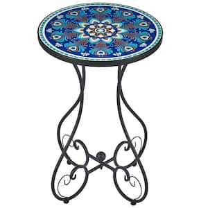 14 in. Blue Mandala Round Ceramic Outdoor Side Table and Mosaic Tile Plant Stand