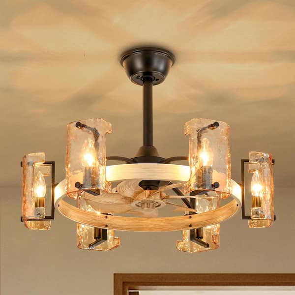 Natividad 26.4 in. 6-Light Farmhouse Black Wood Finish Drum Ceiling Fan with Amber Resin Shades