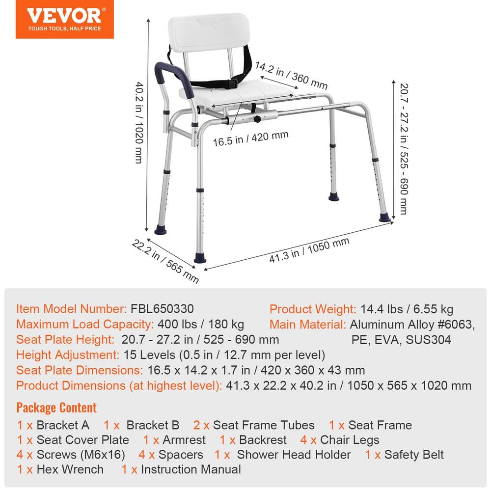 White Adjustable Plastic Sliding Tub Transfer Bench
