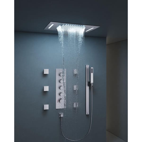 Thermostatic 15-Spray Ceiling Mount 23 x 15 in. Rectangle LED Mood Lighting Shower System with Valve in Brushed Nickel