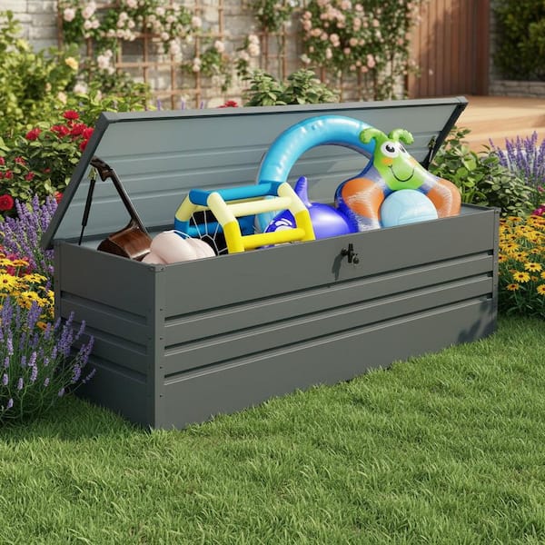 Ama pear Gray 260 Gal. Metal Outdoor Waterproof Deck Box, Extra Large Lockable Patio Storage Box for Patio Cushions, Garden Tools
