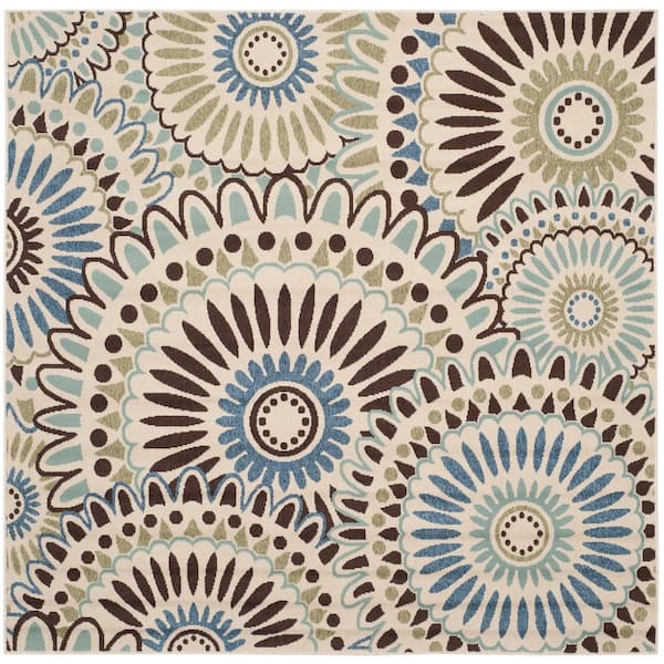 SAFAVIEH Veranda Cream/Blue 8 ft. x 8 ft. Floral Geometric Indoor/Outdoor Patio  Square Area Rug