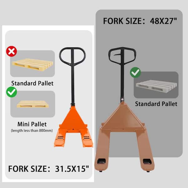 31. 5 x 15 in. Short Forks Pallet Jack 2,200 lbs. Foldable Manual Pallet Truck Small Hand Pallet Jack Orange