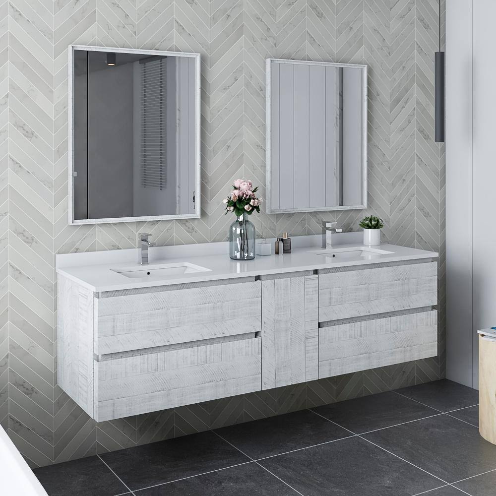 Rustic White 72'' Double Wall-Mount Vanity with Quartz Top