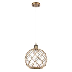 Farmhouse Rope 1-Light Brushed Brass Globe Pendant Light with Clear Glass with Brown Rope Glass and Rope Shade