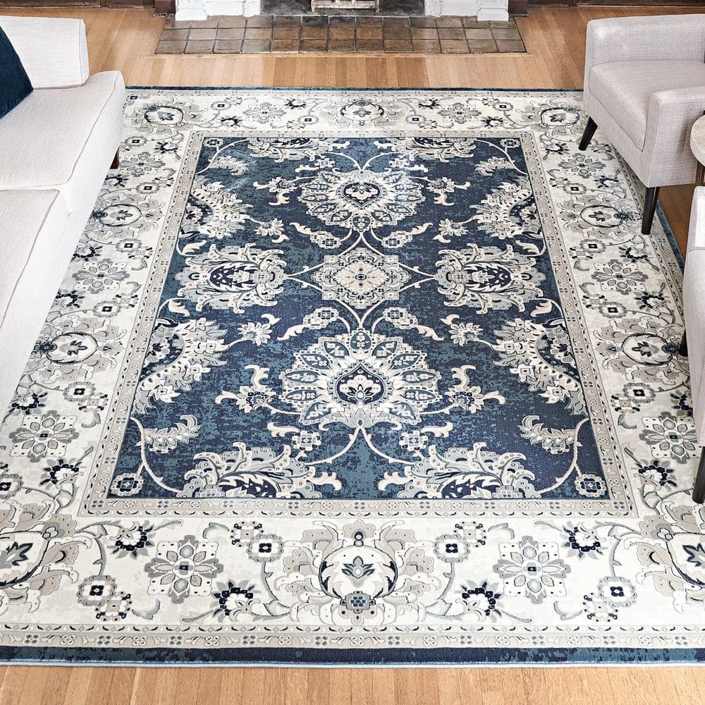 Moena Navy Blue Traditional Floral 6' x 9' Synthetic Area Rug