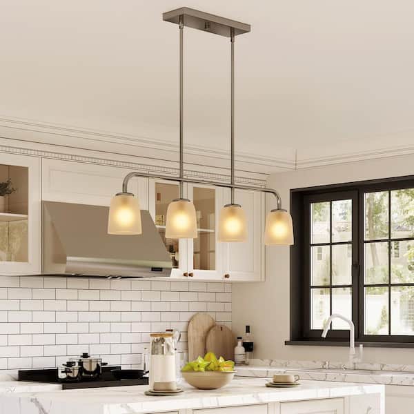 59.7 in. 4-Light Brushed Nickel Linear Island Pendant with White Frosted Glass Shade, No Bulbs Included