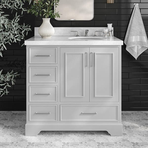 ARIEL Stafford 37 in. W x 22 in. D x 36 in. H Right Single Sink Freestanding Bath Vanity in Grey with Carrara White Marble Top