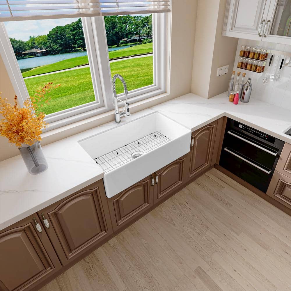 Sinber 36" White Fireclay Farmhouse Apron Single Bowl Kitchen Sink with Drainboard