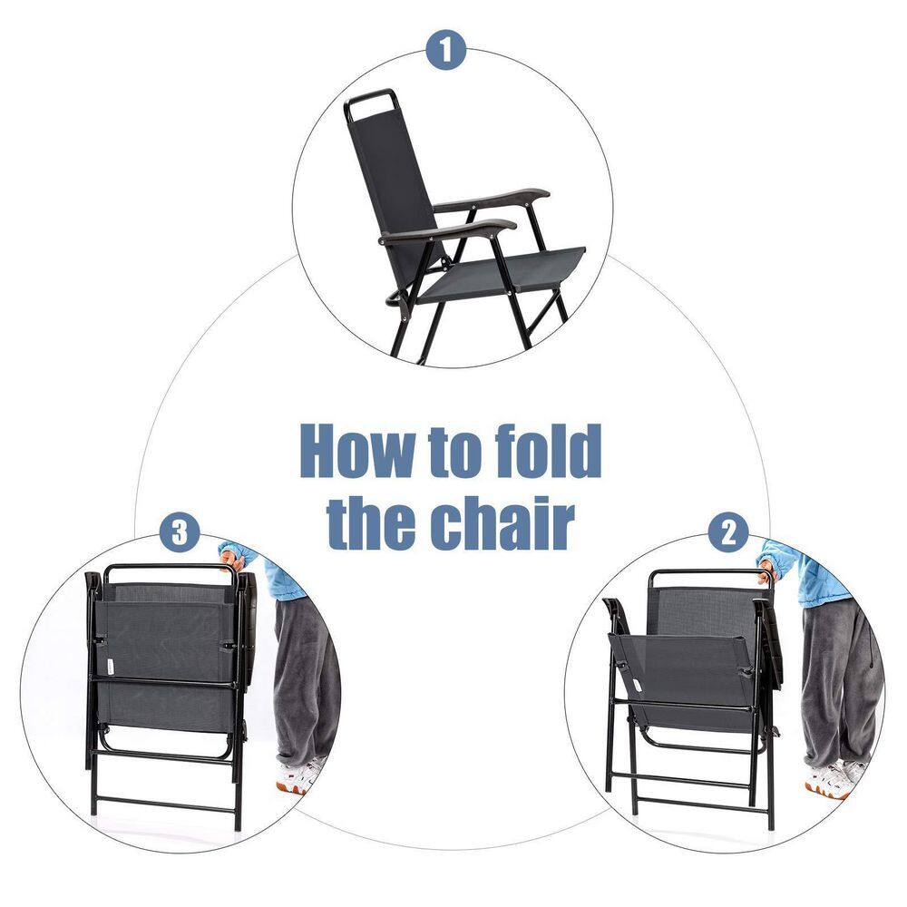Gray Steel Folding Patio Chairs with Armrests, Set of 4