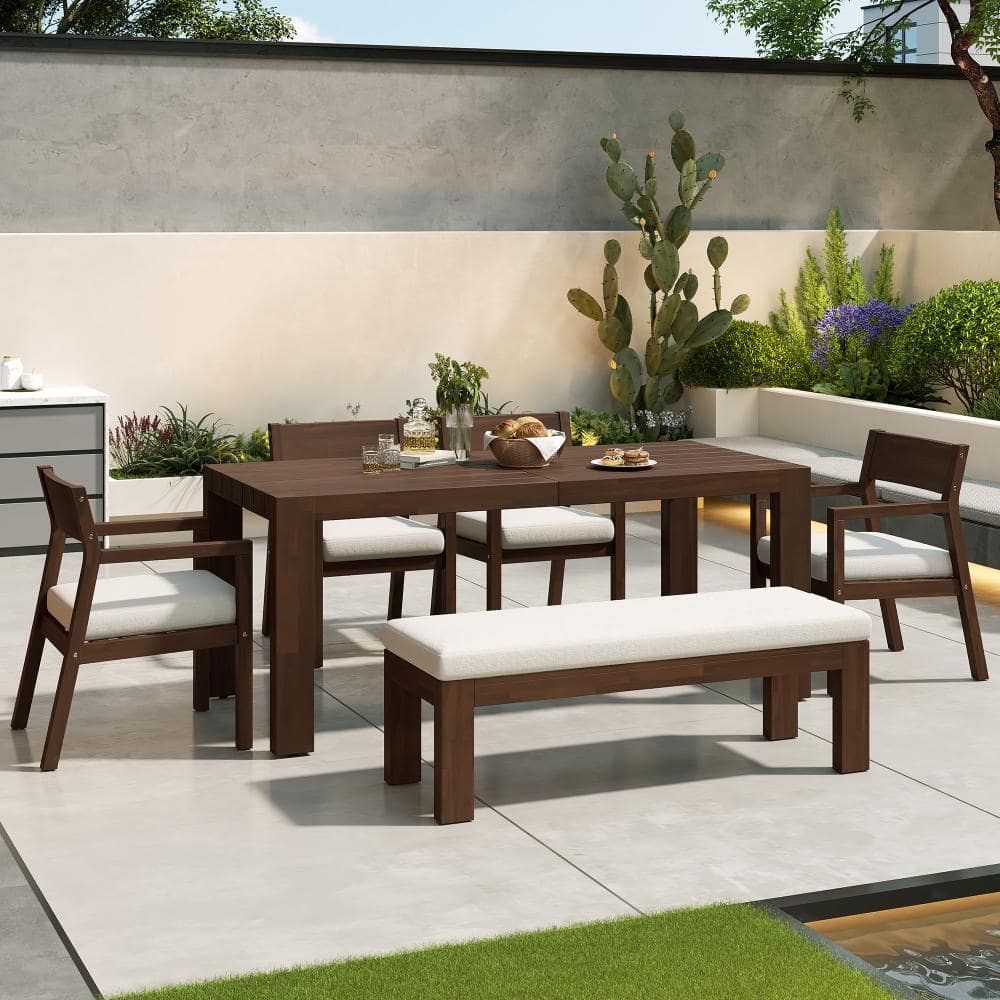 6-Piece Mocha Outdoor Patio Dining Set for 6, Table with Umbrella Hole, Chairs & Bench, Removable Beige Cushions price history on PriceWatchPro
