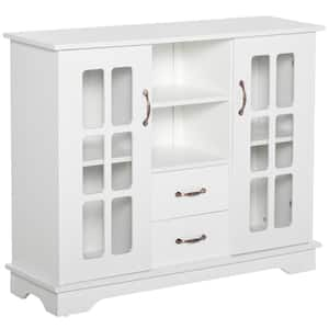 White Modern Sideboard Storage Console with Glass Doors and Storage-Drawers